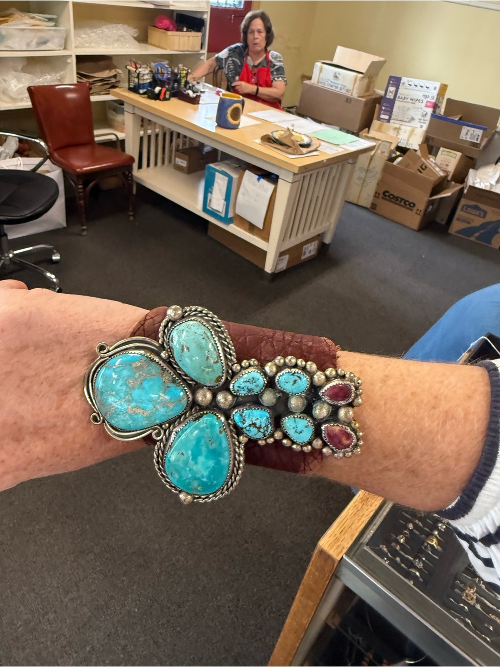 Turquoise & Ruby Leather Cuff Bracelet - Women Accessories